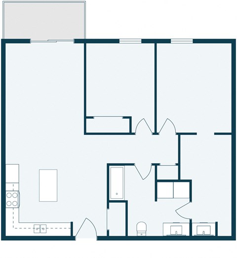 Floor plan for 2 beds, 1 bath, 866 sqft